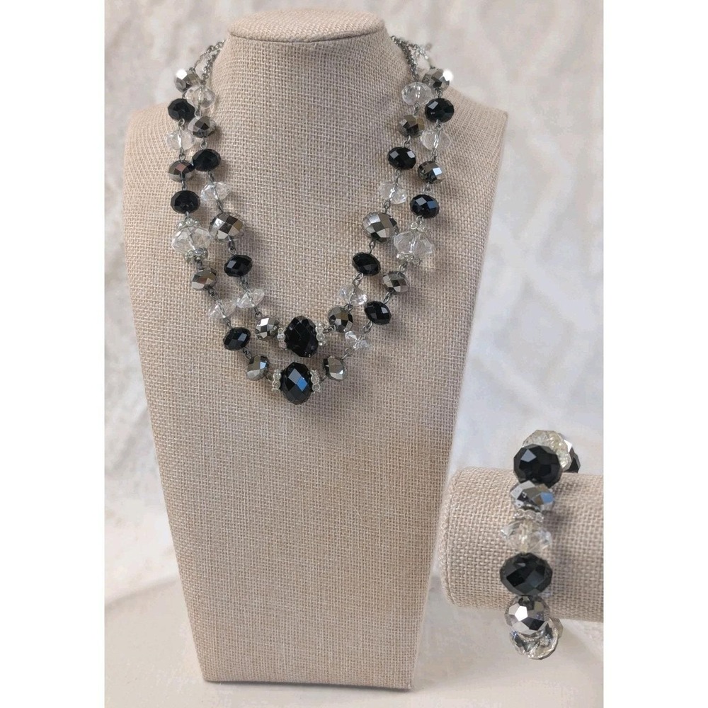 Faceted Crystal Necklace Bracelet Set Black Gray Silver Tone Evening Jewelry